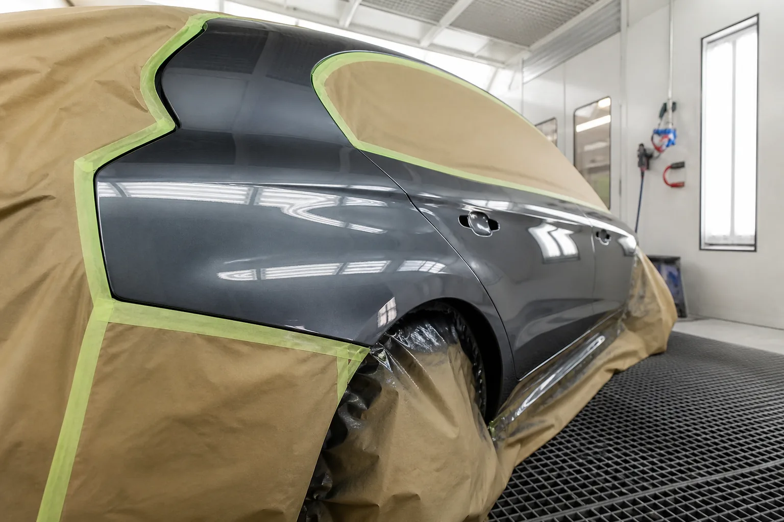 Freshly painted vehicle panel in a paint booth
