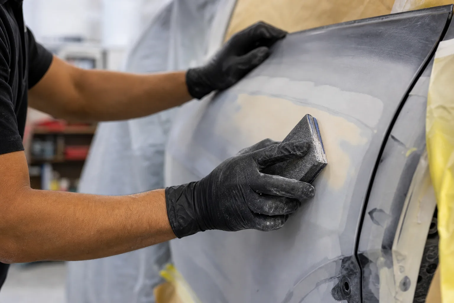 Technician sanding a vehicle panel before refinishing